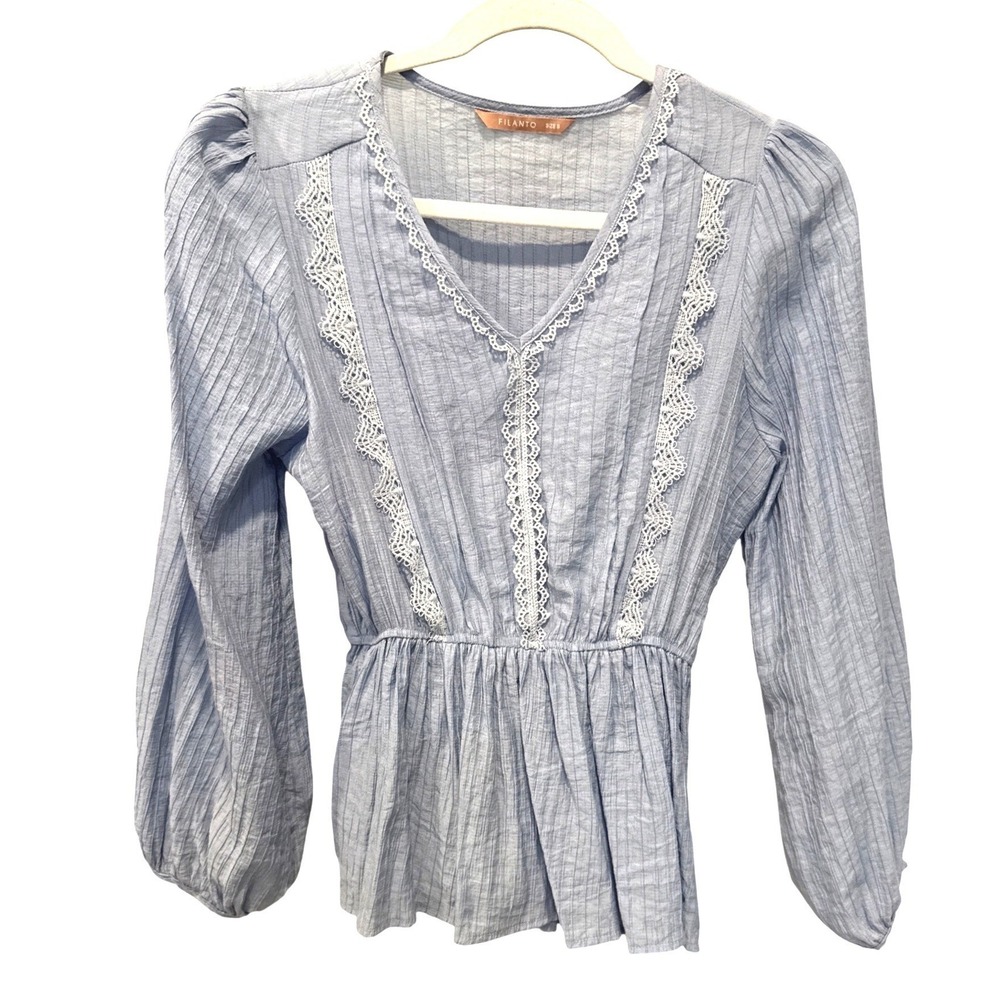 Filanto Womens Cottagecore Peplum Top Lace Trim Puff Sleeve Size S Blue Boho